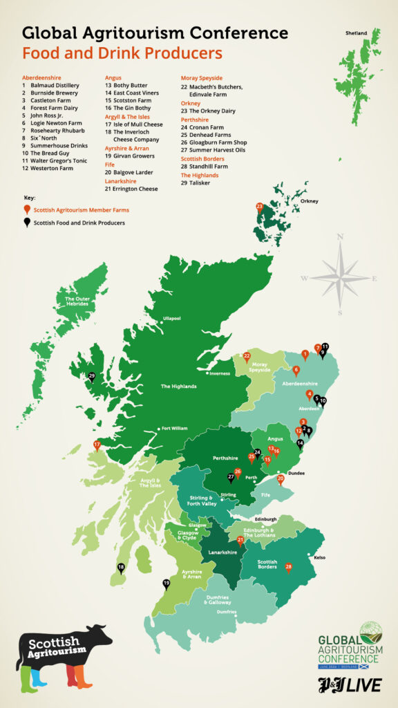 Global Agritourism Conference 2026 Menu Map Map of Scotland showing Scottish Agritourism food producers at Global Agritourism Conference 2026